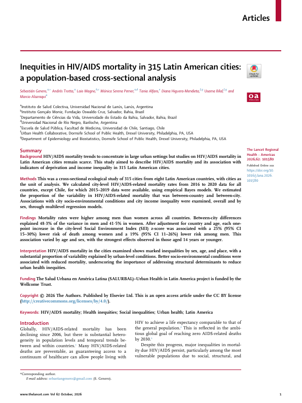 Inequities in HIV/AIDS mortality in 315 Latin American cities: a population-based cross-sectional analysis.
