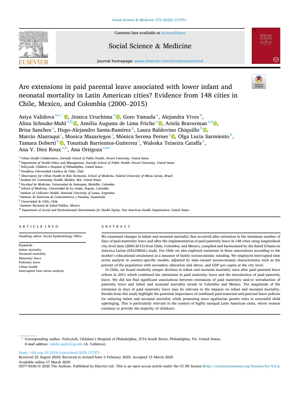 Are extensions in paid parental leave associated with lower infant and neonatal mortality in Latin American cities? Evidence from 148 cities in Chile, Mexico, and Colombia (2000-2015).