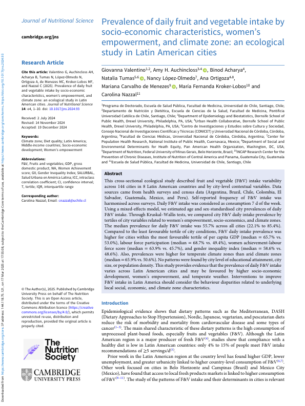 Prevalence of daily fruit and vegetable intake by socio-economic characteristics, women's empowerment, and climate zone: an ecological study in Latin American cities.