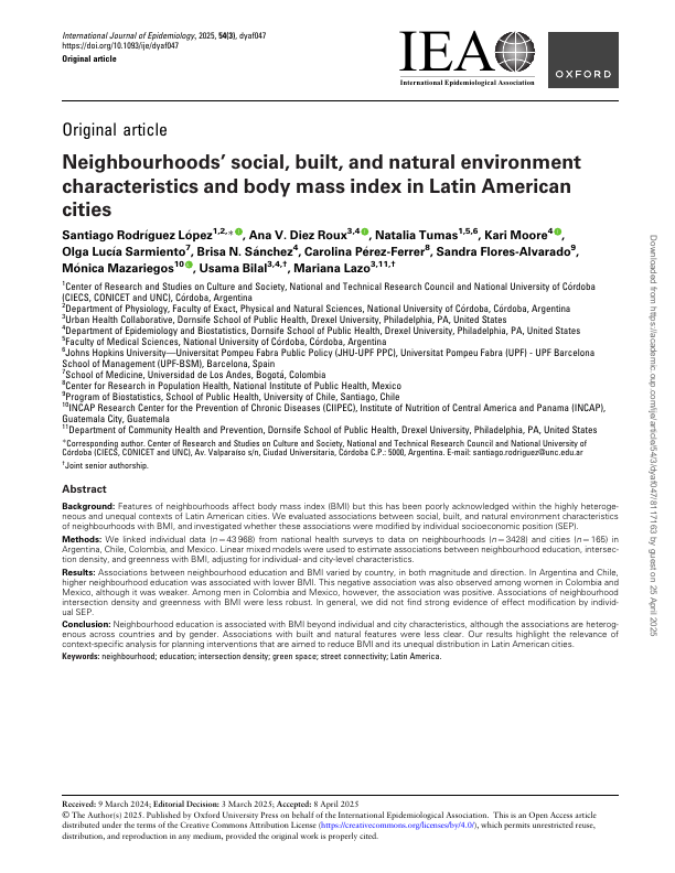 Neighbourhoods' social, built, and natural environment characteristics and body mass index in Latin American cities.