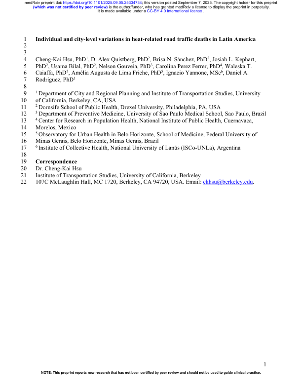 Individual and city-level variations in heat-related road traffic deaths in Latin America.