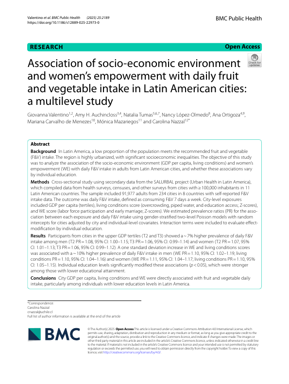 Association of socio-economic environment and women's empowerment with daily fruit and vegetable intake in Latin American cities: a multilevel study.