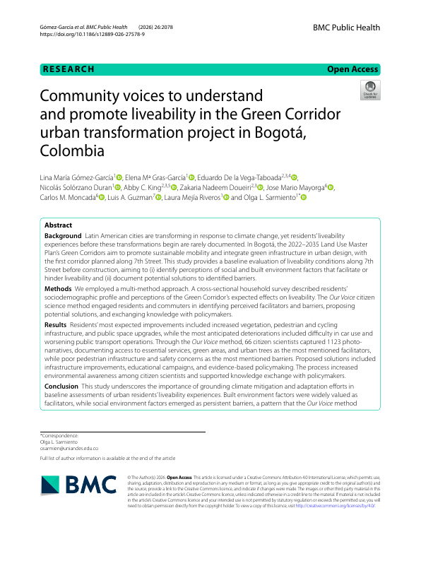 Community voices to understand and promote liveability in the Green Corridor urban transformation project in Bogotá, Colombia.