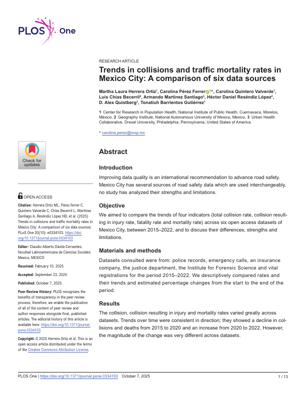 Trends in collisions and traffic mortality rates in Mexico City: A comparison of six data sources.