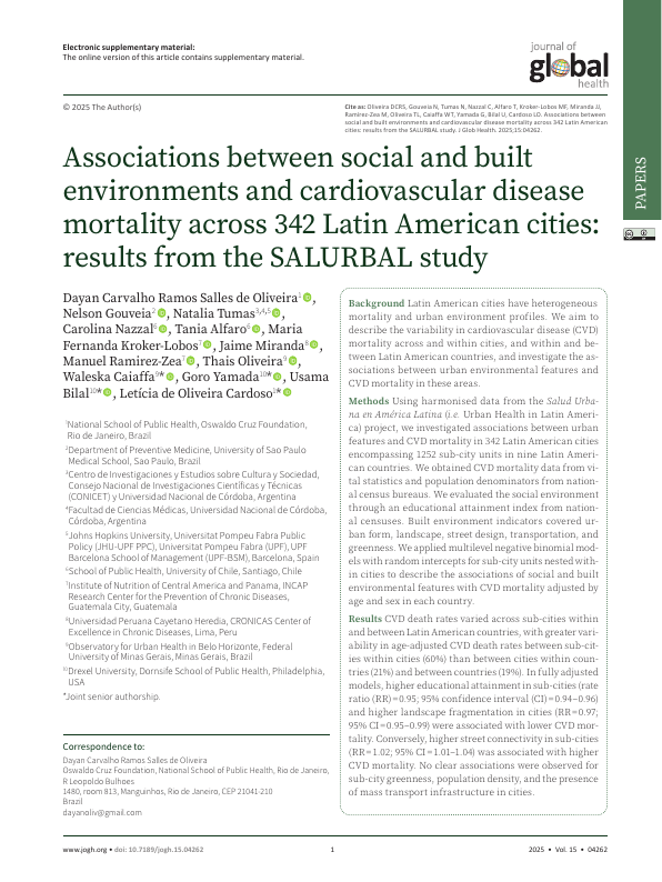 Associations between social and built environments and cardiovascular disease mortality across 342 Latin American cities: results from the SALURBAL study.